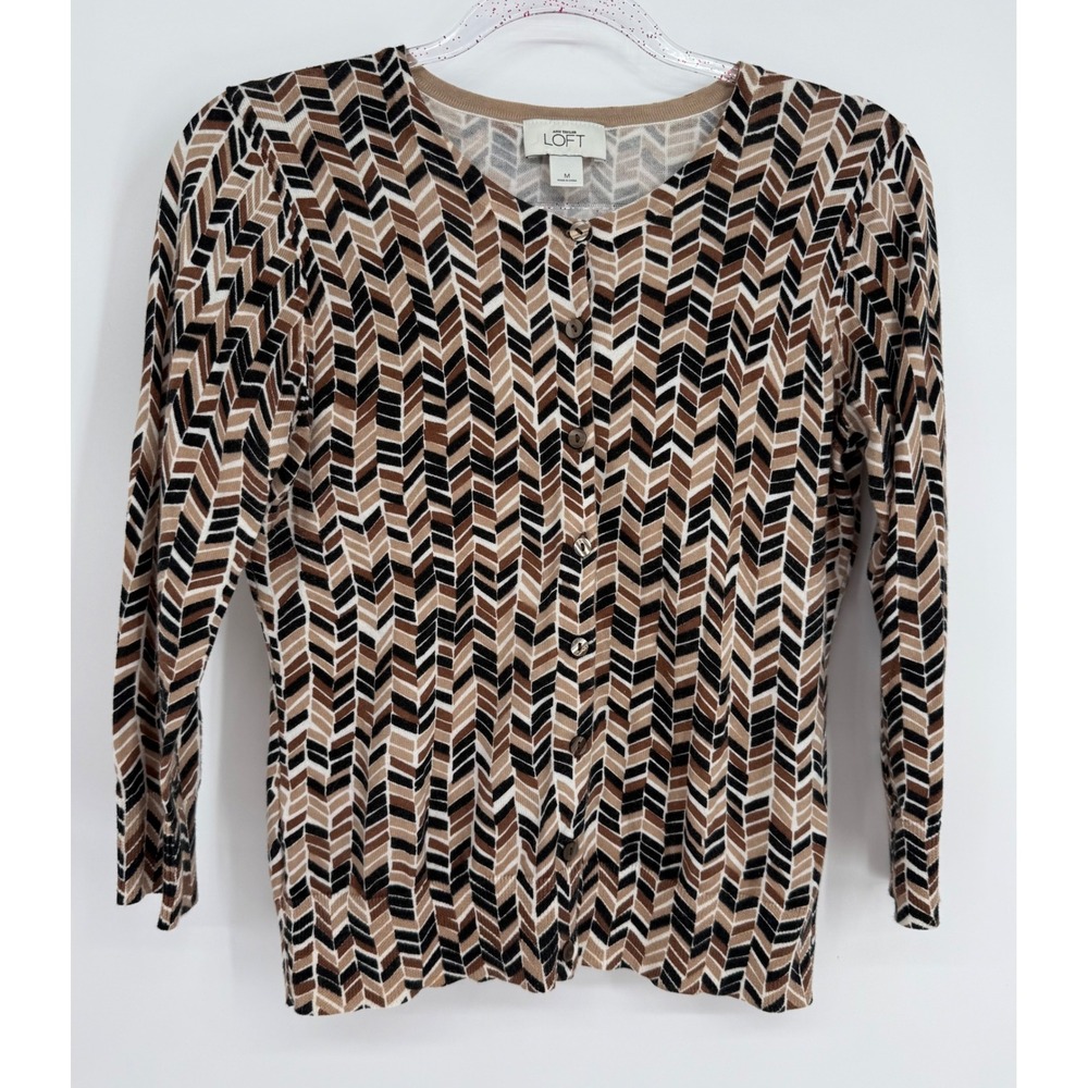 Ann‎ Taylor LOFT Womens Brown Black Chevron Button Front Cardigan Sweater Sz M